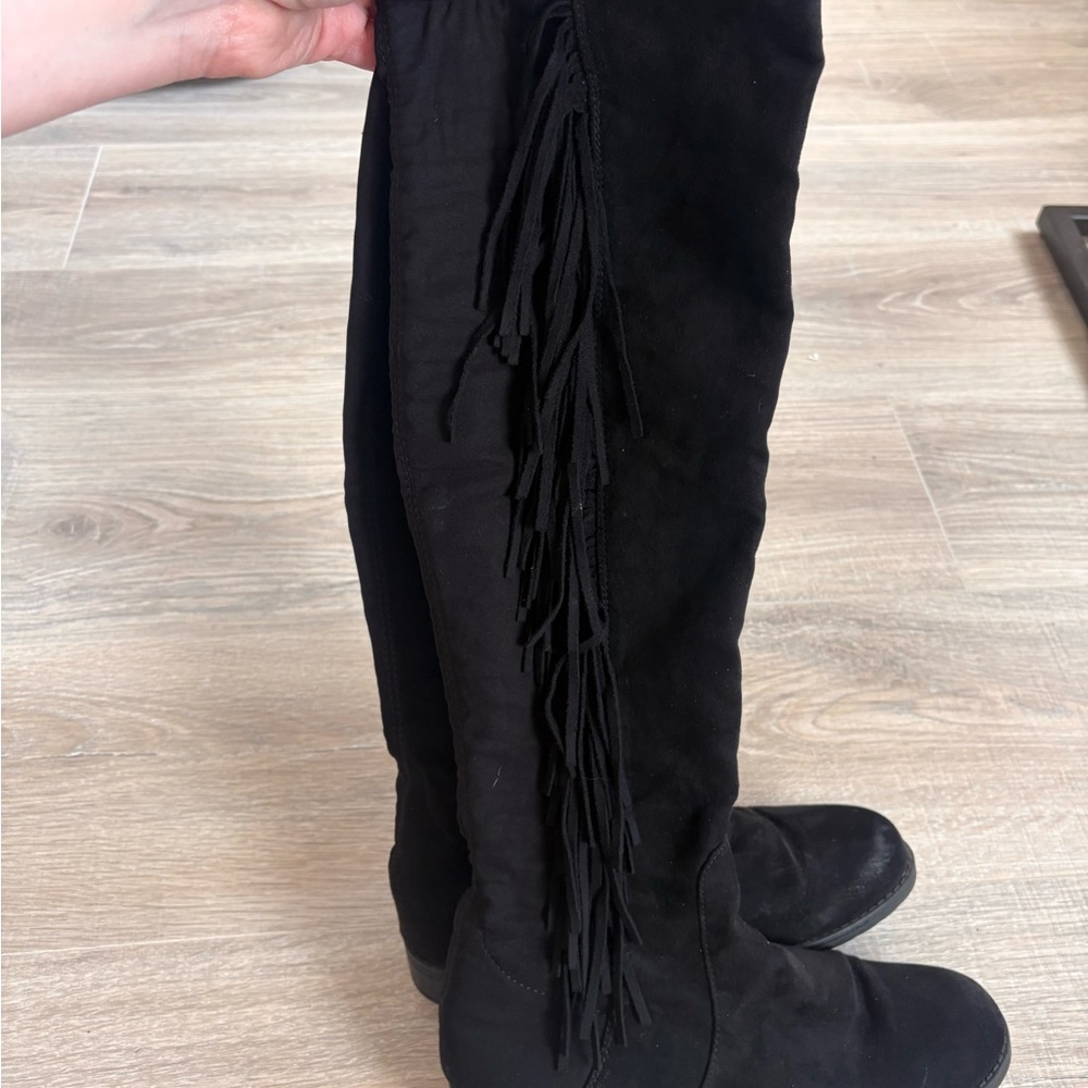 UNISA Black Suede Fringe Knee-High Boots